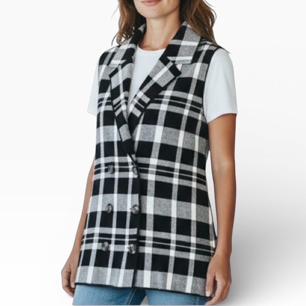Marled Womens Black White Plaid Double Breasted Knit Vest XL Sleeveless Blazer